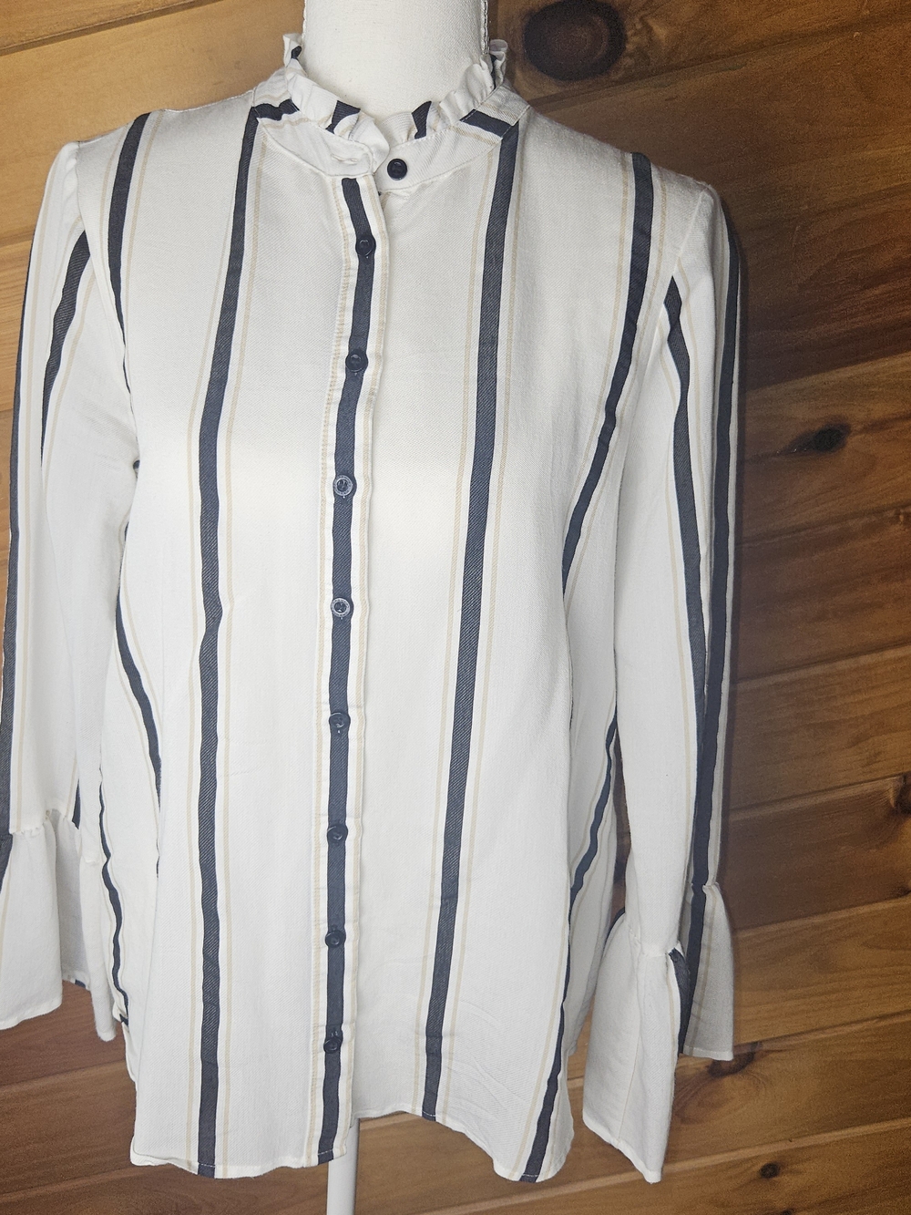 Calvin Klein Women's Cream & Black Striped Blouse Flounce Sleeves Ruffles Size S